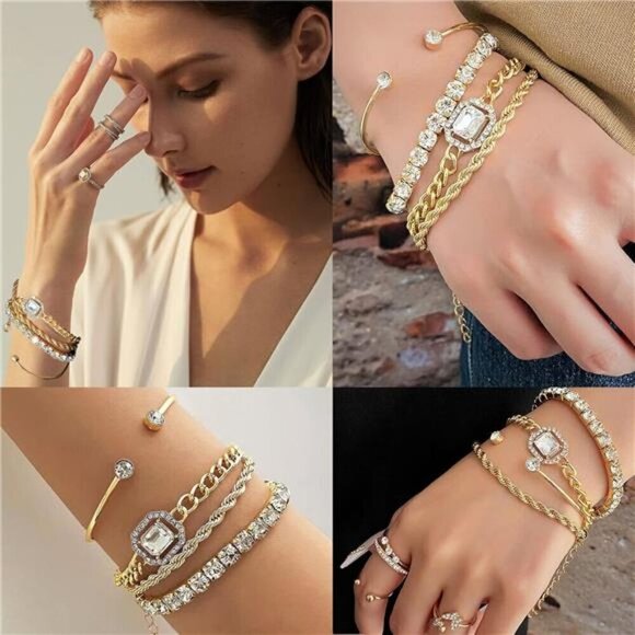 4 Pcs Dainty Gold Silver Bracelets Set for Women 14K Plated Link Cubic Zirconia - Picture 2 of 7